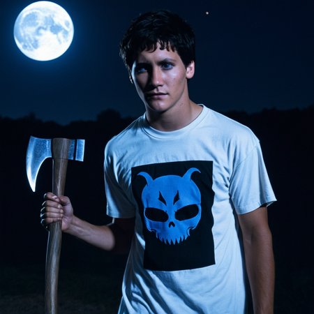 <lora:add-detail-xl:1>
<lora:detailed:0.3>
<lora:perfection style:0.3>
<lora:xl_more_art-full_v1:0.3>
 <lora:Donnie Darko film style:1>
Jake a man holding a wooden axe in his hand,solo,looking at viewer with a glowingmoon on his chest,short hair,shirt,black hair,1boy,closed mouth,white shirt,upper body,short sleeves,male focus,artist name,bag,watermark,black background,web address,blue theme,instagram username , cinematic, film, Donnie Darko film style