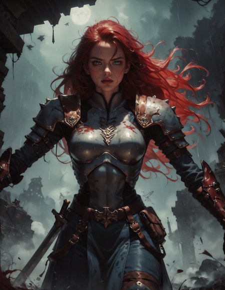 score_9, score_8_up, score_7_up, score_6_up, score_5_up, score_4_up,  1girl, ultra detailed, break, Stormy rainy skies ,  a ginger woman,highly detailed dark eyes looking at viewer, highly detailed wet face, female warrior, highlight long red hair, soaking wet hair, medium breasts, little_freckles, Facial skin soiled by battle, Blood splatter,  leather and worn scratched used wet metal armor,fur, sword belt, break, fighting stance, wind, cinematic lighting, realistic, dramatic light, break, Rain falls on the battlefield , dark_Smokes, fireflies,piles of dead corpses,  Medieval_battlefield_ravaged_by_war_background,   <lora:Kenva:0.8> knva,   <lora:Concept Art Twilight Style SDXL_LoRA_Pony Diffusion V6 XL:0.8> concept art,   <lora:Expressive_H-000001:0.8> expressiveh   <lora:sinfully_stylish_SDXL>