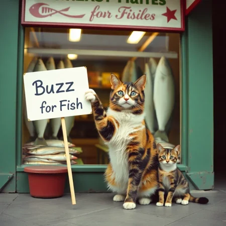 realistic photograph, 1960's ambiance, in Moscow, A Calico cat holding a sign with her paw in front of a shop selling fresh fishes; the sign says "Buzz for Fish"; another Kitten sitting besides the cat