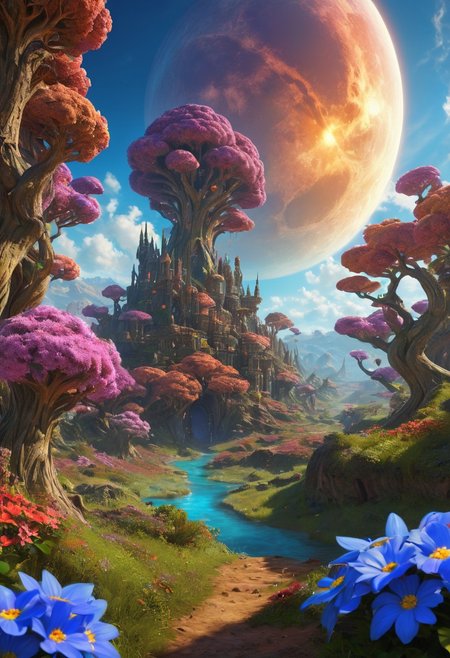 (masterpiece:1.5), unreal 8k wallpaper, unity 8k wallpaper, score 9, score 8 up, score 7 up, masterpiece_portrait, extreme quality, reflection, surface reflection, dynamic lighting, Cinematic style, cinematic quality, ((no humans, no people)), photorealistic, realistic, a spectrum of iridescent colors, precise, fractal design, flowing curves, precision, colorful, fractal geometry, harmonic interference, digital illustration, photo manipulation, altered realities, fantastical scenes, digital artistry, striking visuals, sharp focus, detailed background, light reflection, fantasy, science fiction, A enormous magical world, massive valley, in the center of the valley is (a magnificent magical landscape), the (magical landscape) has been here for a very long time, where this (magical landscape) came from no one knows it has long been forgotten, beautiful blue skies majestic clouds, gnarled trees dot the landscape, in the sky you can see (three huge moons) is all inspiring and a little frightening, the valley is also covered in beautiful multicolored flowers and multi-colored trees, no life can be seen anywhere, science fiction, (World of StarCraft), 3D blender, bushes, grass, flowers, daytime, Blue skies, clouds, magnificent World of StarCraft,