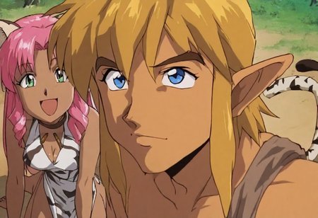 Pink_DragonPink, 1girl, sleeveless dress, white tiger print dress, pelvic curtain, cleavage, white tiger tail, red sash, small breasts, barefoot, masterpiece, very aesthetic, happy face, <lora:pink-illustrious:1>
(anime, anime coloring:1.3),1boy,Anime screencap,link (zelda),blonde hair,blue eyes,pointy ears, wearing blue hyilian tunic,
Link hugs dragonpink gently