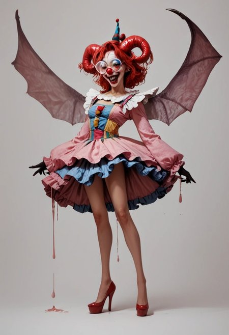 score_9, score_8_up, score_7_up, score_6_up, 
1girl, clown girl, 
roundglassesb, big round glasses, 
slim, slender, long legs, 
clown suit, frilly skirt,
wings, fangs, horns, sharp teeth,
 red liquind dripping from hands,