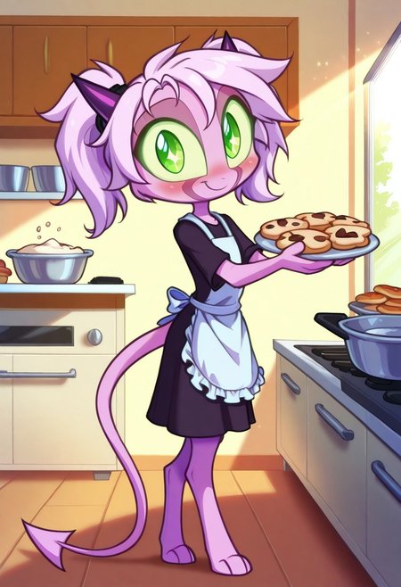 Dreamkeepers,1girl,Prelude_Namah,solo,demon tail, green eyes, horns, 
child, kid, 
In a sunlit kitchen, a girl stands on her tiptoes, balancing a tray of heart-shaped cookies fresh from the oven. Her frilly apron is dusted with flour, and a smudge of dough streaks her left cheek. She beams with pride, her twin tails bouncing as she turns toward the viewer, oven mitts slipping off her small hands. The countertop is cluttered with mixing bowls, sprinkles, and a carton of milk, while the scent of vanilla seems to waft from the image. Her eyes crinkle into crescent moons, radiating pure, unfiltered joy.
Tags:
1girl, bakery, apron, flour_on_face, oven_mitts, twin_tails, smiling, blush, heart-shaped_food, baking, warm_lighting, domestic, messy_hair, frilly_apron, moe, sparkling_eyes, countertop, cookies, sunlight, cheerful