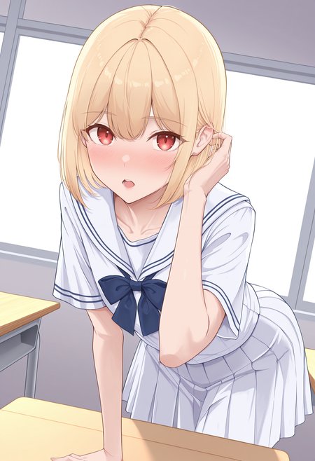 highres, best quality, masterpiece, classroom, 
1girl, solo, kmtnicole, short hair, blonde hair, red eyes,
serafuku, blue bowtie, white shirt, short sleeves, white skirt,
looking at viewer, blush, open mouth, 
leaning forward, hand in own hair, dutch angle,
<lora:_nicole_ninagawa-elesico-ilxl_1-000017:1>