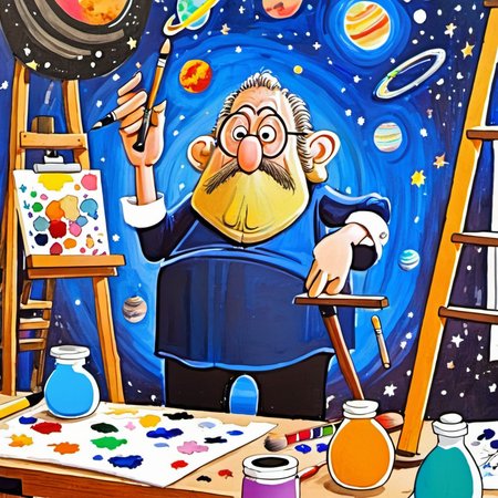 cartoon of   Galileo Galilei (Astronomer), Artistic Endeavor in a Home Studio: An artist working in a home studio, surrounded by art supplies like paints, brushes, and canvases. The studio is bright and colorful, with works in progress and completed pieces on display.,  in donmartin style, caricature,    action lines, HQ, high resolution,   crisp lines, detailed eyes     <lora:DonMartin_StyleXLv6.6:1.0>