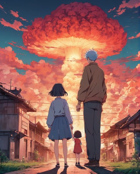 anime artwork Create an image where a serene and peaceful landscape is juxtaposed with a stark and unsettling contrast. In the background, a mushroom cloud from a distant atomic explosion billows up into the sky, casting an eerie glow over the surroundings, while blowing away the surrounding building. In the foreground an old couple is standing hugging each other, ((man kissing the forehead of woman)) , symbolizing innocence and vulnerability in the face of chaos. The couple stance and expression are calm, creating a haunting contrast to the devastation behind, evoking emotions of shock, sadness, and reflection . anime style, key visual, vibrant, studio anime, highly detailed