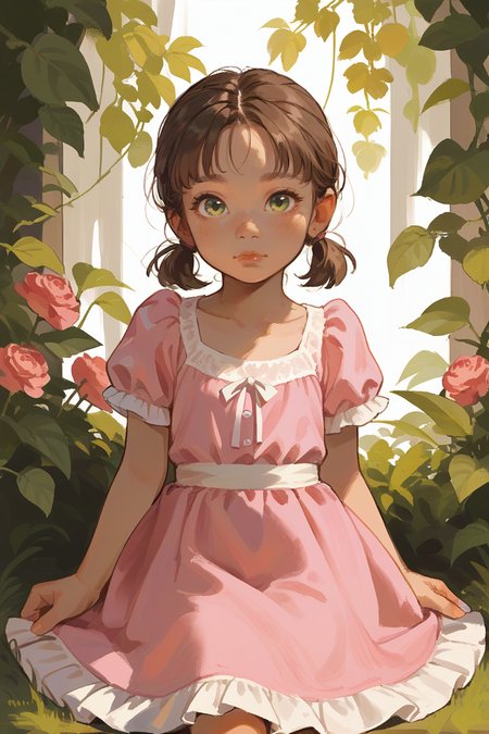 score_9,score_8_up,score_7_up,score_6_up,score_5_up,score_4_up,
1girl, solo, cute, young, child, pink dress, brown hair, short pigtails, green eyes, looking at viewer,
 <lora:incase_v14:0.9>