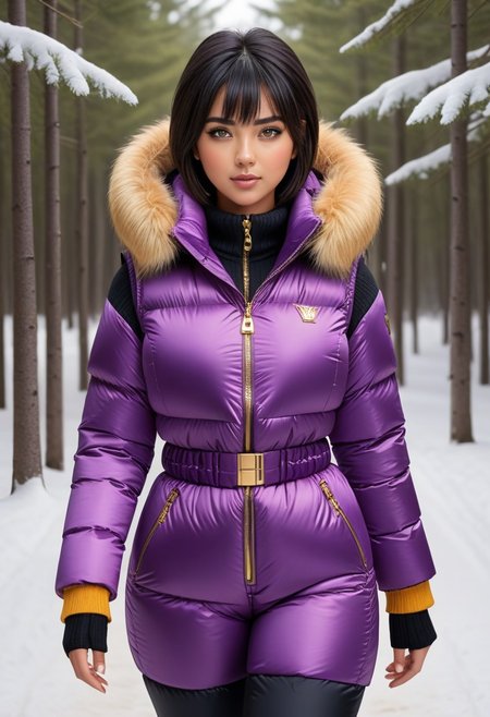 ((((puffer padded jacket)))), ((((puffer padded coat)))), ((((full body)))), ((((fur boots)))), ((((puffer pants)))), ((((puffer hood up)))), winter, snow, forest, 1girl, solo, (masterpiece), detailed face, detailed eyes, (beautiful detailed eyes:1.5), sidelighting, (super detail, hyper detail, intricate_details, detailed), (semi realistic:1.6), (Bob cut), blunt bangs,(black hair), (purple eyes, eyelashs), tanned skin, smug smile, angry face, Golden jewelery, golden rings, golden necklace, golden armlets, golden chains, padded collar, Thick padded collar, <lora:Collar-SDXL:0.6>, <lora:cropped_puffer_vest_v2:0.4>, <lora:snowpants_v1:0.4>