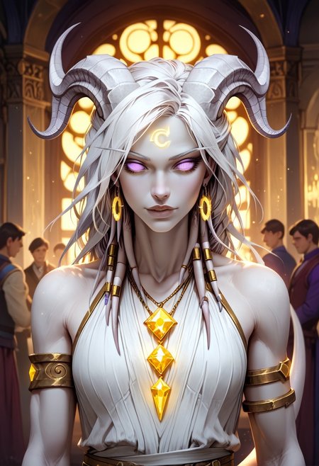 (absurdres, best quality, masterpiece:1.4), score_9, score_8_up, score_7_up, score_6_up, detailed, detailed body, detailed face, world of warcraft, fantasy, <lora:add-detail-xl:1.5>,
fFaceDetail, (female, draenei, h0rns, ram horns, white horns, tall, athletic arms, pale white skin, long white hair, purple eyes, no pupils, no sclera, long white tail, long fingers, purple fingernail polish), 
(long loose white dress, sleeveless, tail under dress, simple armlet, small yellow gem pendant, small yellow gem earrings),
upper body, front view, looking at viewer, 
depth of field, indoors, ballroom, (crowds in background, fantasy clothing, human, varied clothing)