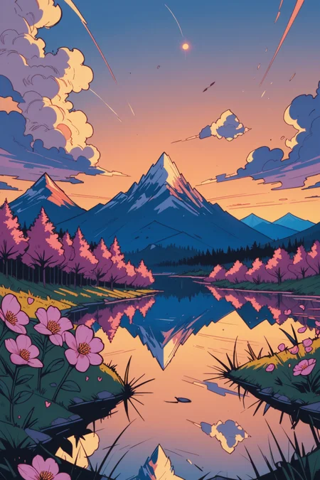 no humans, scenery, flower, outdoors, sky, cloud, mountain, sunset, water, tree, nature, pink flower, grass, landscape, lake, cloudy sky, mountainous horizon, reflection, sun, a_Comic_Illustration, rough lines with ink, (drawn:1.1), (sketch:1.5), (crosshatching:1.25), (comic style:1.1), graphic novel style, sharp lines, hires, zstyle, (western comics \(style\):1.1), (hatching \(texture\):1.2), zPDXL, Mr_Monster_Possitive, <lora:Expressive_H:0.5>, score_9, score_8_up, score_8_up,