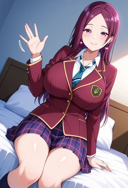 general,highres, ultra-detailed,very aesthetic,best quality ,best hands,best eyes,easynegative,
dynamic anglre, dutch angle, anime cloring,
1girl solo,looking at viewer,smile,bedroom,waving hand, sitting on bed,
Yukina SASAKI,purple_eyes, purple hair, long_hair, huge_breasts, earrings,school uniform