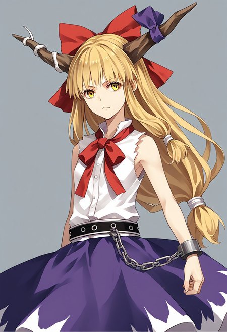 score_9, score_8_up, score_7_up, score_6_up, score_5_up, score_4_up, source_anime, 1girl, solo, 
ibuki suika, horns, blonde hair, low-tied long hair, hair bow, yellow eyes, sleeveless white shirt, belt, purple skirt, shackles, 
masterpiece, best quality, very aesthetic, absurdres,