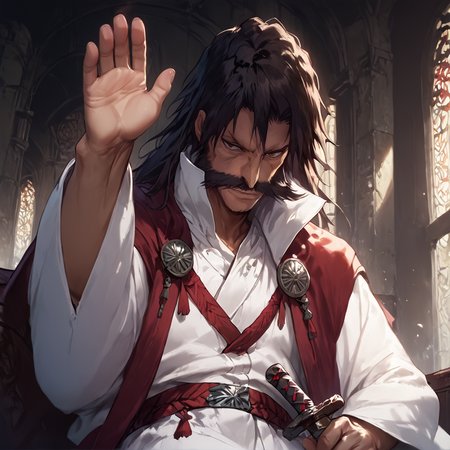 score_9, score_8_up, score_7_up, score_6_up, score_5_up, score_4_up,
1man, long black hair, dark brown hair, huge mustache, pronounced cheekbones, long nose, thin eyebrows, white boots, brown eyes, maroon-black cloak, broad chin, white uniform, masterpiece, high quality, detailed, Pony-NPDXL3, close-up, upper body, <lora:yhwach:1> looking at viewer, inside castle, moonlight, stars, mysterious, dark, holding a sword , weapon,   <lora:Fant5yP0ny:1>  <lora:SILENCIO_V2:1> sitting, hand up, leaning on back, from below,