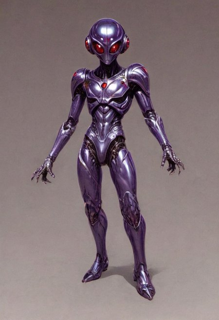 a realistic, detailed full-body 3D model of a slim humanoid bug hero inspired by classic Kamen Rider. The character has a rounded, insectoid helmet with large, textured red compound eyes and black antennae that curve backward, giving a sense of motion. His chest armor is a vibrant purple, segmented to emphasize musculature, with black accents. Angular purple shoulder plates add a heroic silhouette. He wears a utility belt with a central buckle featuring a red gem. The arms and legs are covered in purple and black segmented armor for an exoskeletal look, with knee guards and forearm plates. head to toe, concept art by syd mead, retro futuristic, flat colors