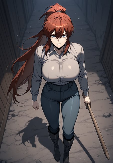 zPDXL3, score_9_up, score_8_up, score_7_up, ,Masterpiece,(perfect female body:1.2), small waist, (incredibly detailed:1.4), beautiful fingers, (large breasts:1.4), huge breasts, <lora:Eileen_Floyd_-Regressor_of_the_Fallen_Family_Kaleid_Illustrious:1> eileenfloyd, 1girl, long hair, ponytail, blue eyes, red hair, shirt, pants, hide boots, hair between eyes, collared shirt, teeth, wooden sword, serious,
