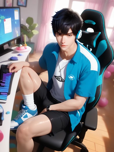 masterpiece,best quality,very awa,amazing quality,very aesthetic,absurdres,newest,newest,highres,absurdres,extremely detailed,best aesthetic,high resolution,photorealistic,semi-realistic,semi-realistic style,detailed features,detailed hair,realistic facial features,shiny skin,anatomy,perfect proportions,(5fingers hand:1.1),detaile hand,3d style,blender Rendering,1boy BREAK solo,black hair,black eyes,short hair,<lora:linqiye>,linqiye,<lora:GoldenFieldsZho_Style:0.3>,<lora:dra_v0.2_cwhj:0.4>,<lora:illuxy illustrious style:0.5>,illuxy_style,goldenfieldszho,dra,detailed background,white t-shirt,blue coat,black shorts,sitting in an esports chair,blue themed background,(place one hand on the computer keyboard:1.1),e-sports computers and keyboards,from the front,looking_at_viewer,open your legs,blue sneakers,