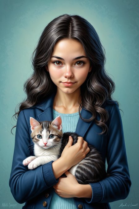 by  Kelly Vivanco , by Alexander Millar and Duy Huynh in the style of Mark Lovett, cute 18 year old woman and her kitten, digital painting <lora:digital_painting_envy01:1.00>  <lora:more_art:0.30><lora:clothing_slider:2.00><lora:great_lighting:1.30><lora:aesthetic:1.15><lora:photorealistic_portrait:1.25><lora:RMSDXL_Enhance:0.45><lora:RMSDXL_Creative:0.35><lora:RMSDXL_Photo:0.45><lora:RMSDXL_Darkness_Cinema:0.50><lora:XDetail_heavy:0.45><lora:perfect_eyes:0.15><lora:perfect_hands:0.15><lora:midjourney:-0.15><lora:looking_at_viewer:0.75><lora:dpo:0.25>