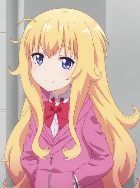 GabT, Gabschool, long hair, blue eyes, blonde hair, bow, very long hair, school uniform, purple eyes, jacket, ahoge, hood, bowtie, hoodie, messy hair, pink hoodie, <lora:Doom PonyXL Gabriel White Tenma:1>,
1girl, solo,upper body, looking at viewer, smile,hands in pockets,