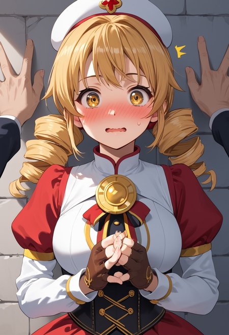 score_4,score_5,score_6,score_7_up,score_8_up,score_9 ((masterpiece,best quality,ultra detailed,highres,HD,4k:1.2)), 
Araki,sketch,
1girl,solo,face focus,
 mami tomoe, blonde hair, drill hair, twin drills, yellow eyes,large breasts, 
brown gloves, corset, detached sleeves, fingerless gloves, gloves, hat, juliet sleeves, long sleeves, magical girl, puffy sleeves,
outdoor, pov, pov hands, kabedon, Wall-don, wall-don with both hands,<lora:Kabedon pov PonyXL:1>, full face blush,surprise,wavy mouth,@ @ ,^^,embarrassed,wide eyes,looking at viewer,