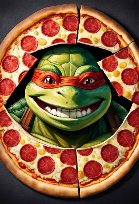 split, a rond pizza inside Leonardo the Ninja Turtle head.