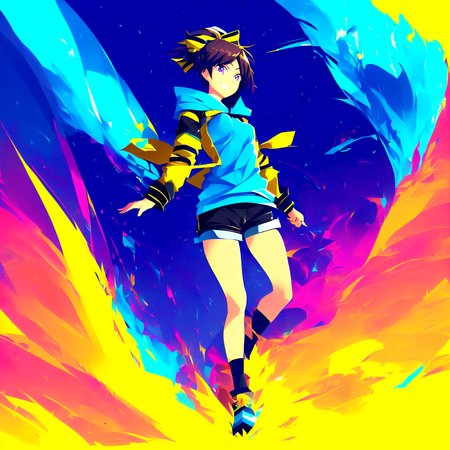 masterpiece, best quality, absurdres, detailed, 1girl, solo, AkiraGGN, short hair, brown hair, purple eyes, yellow hair bow, yellow jacket, blue hoodie, short shorts, medium breasts, parted bangs, ponytail, full body, grin,  <lora:AkiraGGN:1> <lora:shoalsStyle_v10:1>