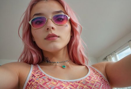 (aerial perspective), The image features a person with intricate asian face tattoos, wearing a brightly colored, patterned outfit, and accessorized with vibrant, multi-colored jewelry. The overall color scheme is dominated by shades of pink and blue, giving it a striking and artistic appearance,