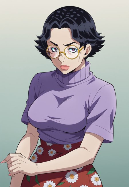 safe_pos, score_9, score_8_up, score_7_up, BREAK, solo, 1girl, female, black hair, pulled back hair, slicked back hair, Purple turtleneck sweater, short sleeves, long floral skirt, freckles, round glasses, short hair, medium breasts