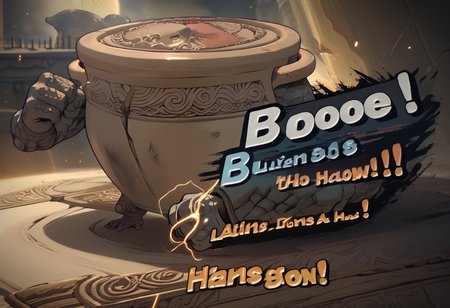 score_9, score_8_up, score_7_up, score_6_up BREAK SSBUSplashArt, english text,  RythIFAlexanderPony, Alexander \(Elden Ring\), pot guy, clenched hands <lora:SSBUSplashArt_XLPD_1:1.5>  <lora:ifalexander:1>