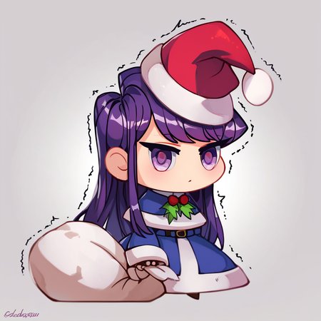 score_9, score_8_up, score_8,  ,,, zzPadoru, komi_shouko, 1girl, long hair, simple background, long sleeves, white background, holding, purple eyes, purple hair, trembling, red headwear, fur-trimmed capelet, (:<), holding sack,  ,<lora:PadoruMemePDXL:1.0>,   ,,, looking at viewer,  ,,, embedding:zPDXL,  <lora:SDXLFaeTastic2400:0.5>,