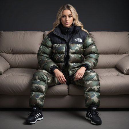 (full body shot) cute british woman wearing Camouflage prints with a twist (e.g., urban camo)  tnf_nuptse jacket and thick puffy double layered tnf_nuptse puffer salopettes, hyperdetailed photography,4k textures,intricate details,4k resolution   <lora:pufferdown_tnf_nuptse:0.5>, sitting on a couch, in a dark room, cinematic still