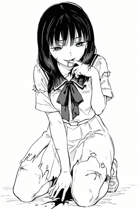 masterpiece, best quality, amazing quality,
<lora:Uta_IL:1>  uta, 1girl, solo, black hair, pale skin, monochrome, school uniform, kneeling, seductive, lick own finger, horny, torn clothes, blood, bruises, lewd smile, happy, cuts,
 <lora:KubikiriXL:1> kubikiri, sketch,