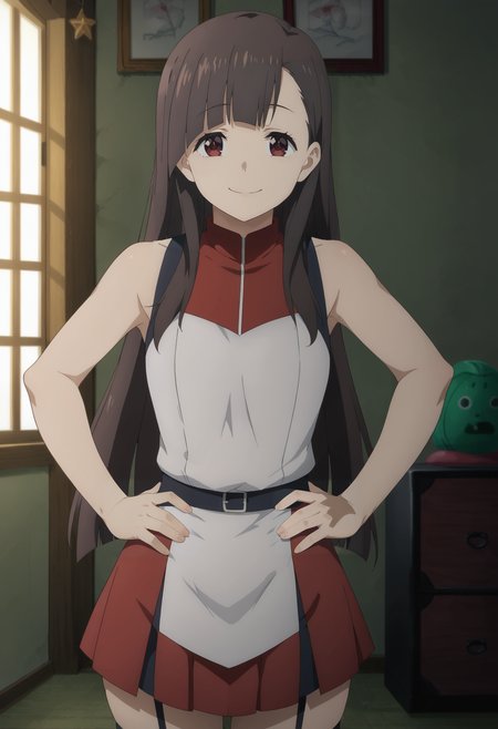<lora:Yuiyui-Konosuba:0.8>,yuiyui,1girl,solo,long hair,brown hair,red eyes,bangs,sleeveless shirt,red skirt,garter straps,cowboy shot,hands on own hips,looking at viewer,indoors,smile