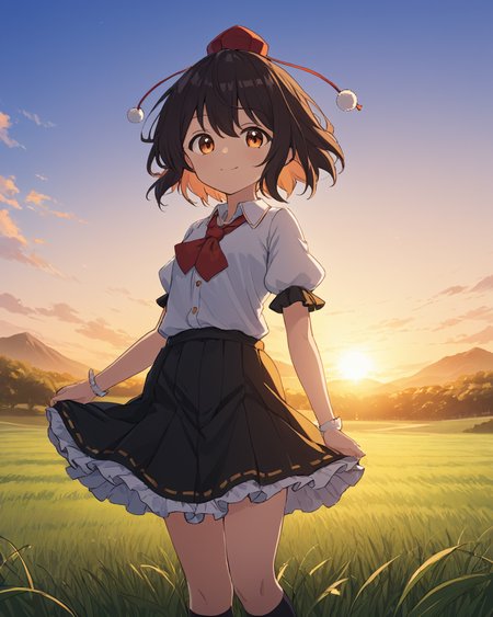 shameimaru aya,1girl, solo, black_skirt, pom_pom_\(clothes\), tokin_hat, looking_at_viewer, outdoors, ribbon-trimmed_skirt, white_shirt, smile, red_headwear, ascot, puffy_short_sleeves, closed_mouth, standing, frilled_skirt, grass, socks, sunset, field, sky
<lora:shameimaru_aya_image5713_2023-12-20-000004:1>,star-shaped_pupils,symbol-shaped_pupils,. gorgeous,key visual, vibrant, studio anime,award-winning, professional, highly detailed,high budget, cinemascope