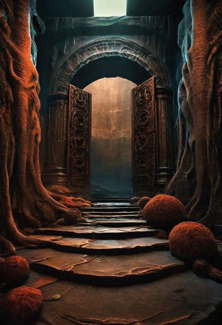 D&D scenery, a dungeon hall with a rusty iron door in a deep dark dungeon, futuristic utopic fantasy, intricate,UHD, masterpiece, high resolution surrealism , HDR photo Canon EOS