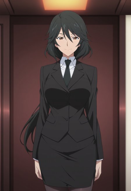 1girl,solo,mm,mature female,black hair,brown eyes,long hair,ponytail,large breasts,anime coloring,
formal,jacket,necktie,pencil skirt,pantyhose,shirt,looking at viewer, smile,indoors
,masterpiece,best quality,amazing quality,<lora:Chifuyu_Orimura-Infinite_Stratos:0.8>