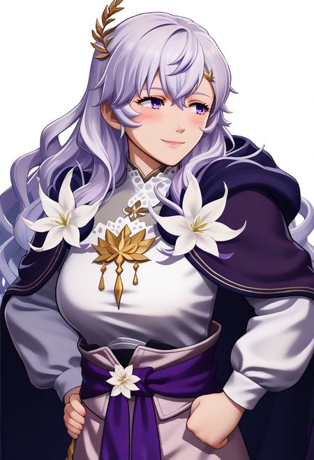 score_9, score_8_up, score_7_up, source_anime, 1girl, solo, blush, smile, hands on hips <lora:zs_FEWarriorsPortraitsXL:1> fewarriorsportraits, portrait, white background, <lora:fedeirdre-pdxl-nvwls-v1-000006:1> ftsdrd, wavy hair, white hair, long hair, purple eyes, hair ornament, white gown, purple cape, sash, long sleeves, flower, big breasts