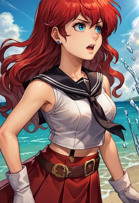 score_9, score_8_up, score_7_up, source_anime,
, (best quality) , (highly detailed) ,masterpiece ,absurdres ,detailed face ,beautiful face ,
<lora:pony_xl_Hildegard:0.8>,Hildegard,score_9,score_8_up,1girl,female,kawaii,solo,Long hair,earrings Red hair, wavy hair, 
 hair scrunchie, black sailor collar, white shirt, sleeveless, black necktie, midriff, white gloves, belt, armor, red skirt, pleated skirt, miniskirt, single thighhigh, asymmetrical legwear, garter straps, serious, reaching towards viewer, dutch angle, open mouth, floating hair, wading, light particles, light rays, ocean, splashing, wind, explosion, blue sky, cloud, sunlight, lens flare
best quality, masterpiece, very aesthetic, ,,(portrait, upper body),
OverallDetail