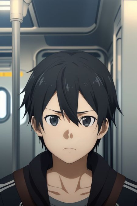 high resolution, solo, best quality, 1Boy, Kazuto Kirigaya, portraits, Black Hair, Black Eyes, train, inside train, OverallDetail
