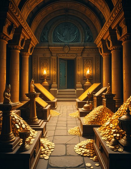 A hidden treasure chamber deep within an ancient temple, illuminated by the warm golden glow of torches and mystical blue light from enchanted crystals. The room is filled with piles of gold coins, jewel-encrusted goblets, and ancient artifacts covered in dust. Massive stone statues of forgotten deities guard the chamber, their eyes glowing faintly as if watching intruders. In the center, a grand pedestal holds a legendary artifactâan ornate golden crown encrusted with emeralds and sapphires, shimmering with an otherworldly aura. The walls are adorned with intricate carvings depicting lost civilizations, and creeping vines hint at centuries of abandonment. The atmosphere is mystical and slightly eerie, with a sense of both wonder and danger. The air is thick with the scent of aged parchment and burning incense, adding to the chamberâs ancient and mysterious feel. Cinematic lighting with dramatic shadows enhances the depth and richness of the scene, creating a visually stunning and immersive environment.
<lora:SDXLFaeTastic2400:0.4> <lora:extremely_detailed:0.4> extremely detailed,treasure ch4mb3r, <lora:treasure_ch4mb3r-i:1>, Masterpiece,best quality,hi res,8k,hi res,8k,award winning,(sharp focus, intricate, highly detailed),