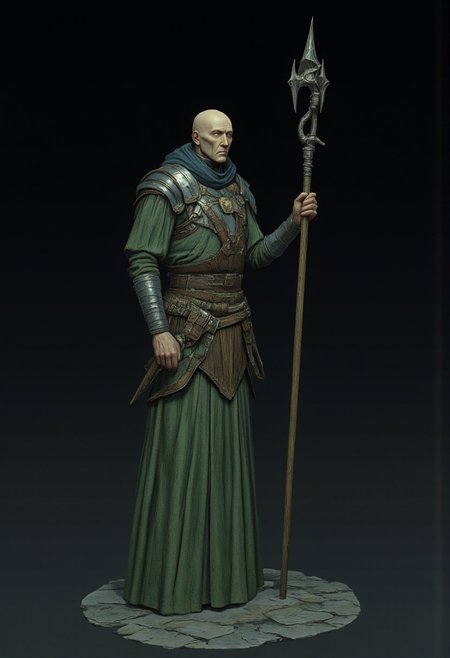 Standing in a hyper stanced extended action pose
a meddle aged bald medieval mage wearing a green tunic and a wizards staff made out of wood zbrush
Set against a solid dark black color background to emphasize its unsettling unnatural form that emphasizes its silhouette. The medium is not a traditional painting or illustrative medium like watercolor or ink but rather a digital 3D rendering.
MikeFranchinastyle, d4artstyle, d4concept, , bbstyle,, horror theme,, zbrush, ZBClay model of a gray sculpture, 1990's, 1990's style