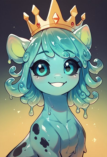 core_9, score_8_up, score_7_up, score_5_up, 1girl, (slime pony), my little pony, greenish-gray skin tone, big eyes, black sclera, looking right, mint-green curly hair, black spots on skin, pastel colors, mystical background, dark details, 2d illustration, dynamic pose, slight smile, glowing light source, sunset, moonrise, expressive, voluminous curls, playful demeanor, a crown on the head