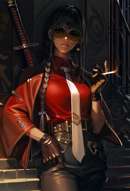 score_9, score_8_up, score_7_up, score_6_up, gwzs, detailed drawing, 1girl, cigarette, necktie, sword, shirt, holding cigarette, braid, solo, gloves, belt, tinted eyewear, katana, long hair, pants, sheathed, smoke, red shirt, white necktie, black hair, katana
