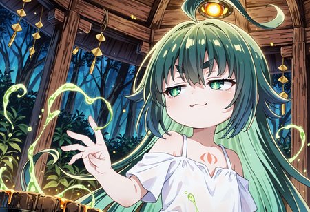 ultra-detailed, ultra-detailed background, ultra-detailed eyes, round face, cute, moe, 1girl, <lora:Mitama_IL:0.8> Mitama_(Kamikatsu), green eyes, green hair, long hair, ahoge, flat chest, chest tattoo, white dress, ringed eyes, hair between eyes, v-shaped eyebrows, :3, (grin:0.8), half-closed eyes, looking to the side, <lora:hand 5.5_903007:0>, well-defined fingers, ultra-detailed fingers, <lora:noobai_ep11_stabilizer_v0.96_fp16_1136146:0.4>, <lora:spo_sdxl_10ep_4k-data_lora_webui_482964:1>, <lora:Hyper-SDXL-8steps-lora:0.5>, <lora:add-detail-xl:1>, general, masterpiece, best quality, amazing quality, very aesthetic, absurdres,