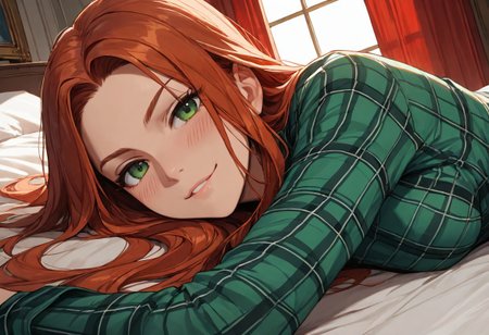 (score_9, score_8_up, score_7_up), zPDXL3, (drawn, wide hips:1.3),1girl, solo, medium breasts, redhead, 
green eyes, long hair, green flannel, shirt, cowboy shot, lying, on bed, on back, baroque hall, baroque bedroom, window, red curtains,
stomach, from above, (face focus, close-up:1.5), blush, looking away,
looking at viewer,
dutch angle, 
smug,