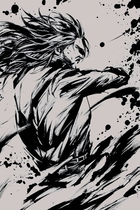 score_9,score_8_up,score_7_up,masterpiece,best quality,
ink \(medium\),solo,male focus,1boy,monochrome,greyscale,long sleeves,fighting stance,long hair,
<lora:okazu_XL_PONY:1>,