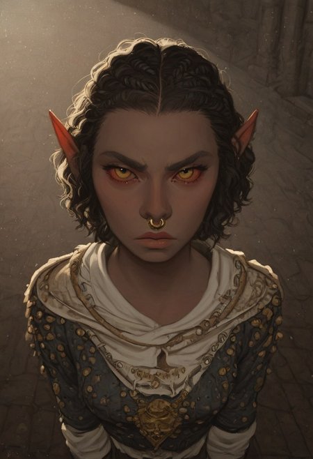 solo, short pointy ears, piercings, random elf face, aquiline features, female dark elf, brow rings, nose rings, beaded piercings, weathered skin, large nose, insect chitin armor, insect chitin helmet, insect chitin ornaments, stylized insect pattern, athletic build,  animated realism, zoomed out, Syrian features, torso, brass pipes and gears, intricate architecture, dwarven masonry, dwemer fixtures, white-green light, gloomy lighting, ancient ruins, interior, stone tiled floor, grey-blue skin, mahogany and ivory clothes, medium armor, bone plate armor, ivory straps and fittings, alien bone ornaments, grey wood neckguard, red sclera, black pupils, blue-green light, neon, highly detailed, defined features, looking at viewer, three quarters view, from above, dynamic lighting, 19 years old, light and shadows, patterned cloth, annoyed expression, expressive eyes, detailed medieval clothes, medium_breasts, short hair, wavy hair, thick hair, beaded hair, braided hair, under cut hair, semirealistic, alien elf, spanish features, jewish features, white grey hair, dark red hair, umber skin, sharp features, pastel green inuit print cloak, nighttime, high detail, absurdres, pretty eyes, detailed eyes, yellow eyes,