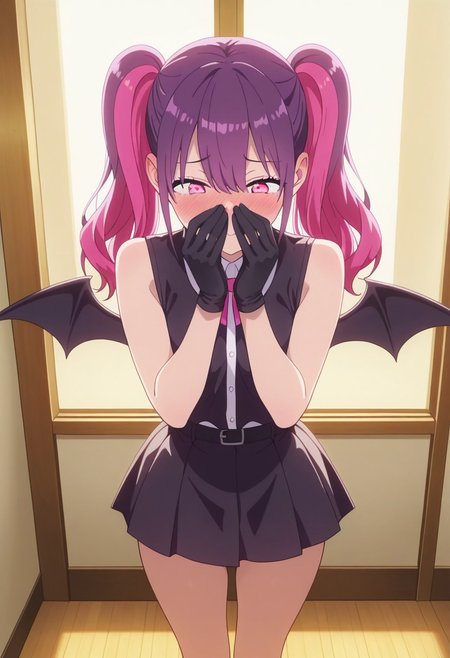 masterpiece,best quality,amazing quality,tachibana mikari, long hair, pink hair, purple hair, multicolored, pink eyes, two-tone hair, skirt, 1girl, twintails, black gloves, demon wings, long hair, demon girl, blush, indoors