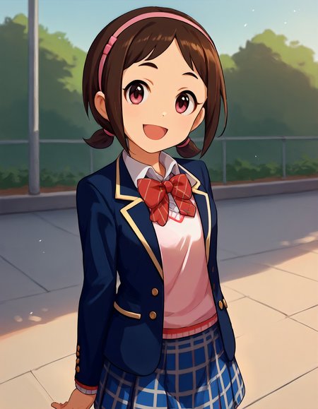 score_9,score_8_up,score_7_up,1girl,solo,cowboy shot,looking at viewer,smile,open mouth,arms at sides,outdoors,
<lora:muramatsusakura_ponyXLV6:0.8>,cgmsk,
brown hair,short hair,low twintails,pink eyes,
hairband,jacket,blazer,long sleeves,bowtie,plaid skirt