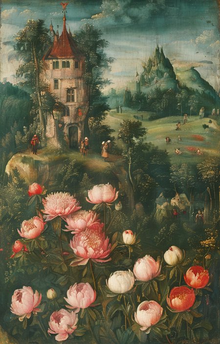 masterpiece,best quality,<lora:tbh283-sdxl:0.9>,illustration,style of Lucas Cranach the Elder decaying peonies