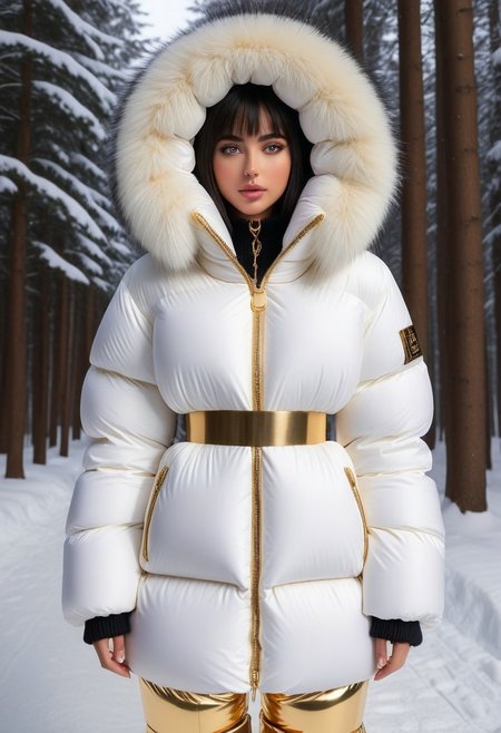 ((((puffer padded jacket)))), ((((puffer padded coat)))), ((((full body)))), ((((fur boots)))), ((((puffer pants)))), ((((puffer hood up)))), winter, snow, forest, 1girl, solo, (masterpiece), detailed face, detailed eyes, (beautiful detailed eyes:1.5), sidelighting, (super detail, hyper detail, intricate_details, detailed), (semi realistic:1.6), (Bob cut), blunt bangs,(black hair), (purple eyes, eyelashs), smug smile, angry face, Golden jewelery, golden rings, golden necklace, golden armlets, padded cuffs, padded collar, Thick padded cuffs, Thick padded collar, <lora:Collar-SDXL:0.6>, <lora:Cuffs-SDXL:0.6>, <lora:Puffer_Jacket_and_Down_Jacket_-_Extra_Puffy_Jackets:0.4>, <lora:snowpants_v1:0.4>